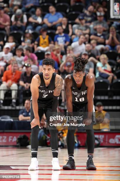 Olivier Hanlan and Lonnie Walker IV of the San Antonio Spurs look on during the game against the Memphis Grizzlies on July 5, 2018 at Vivint Smart...