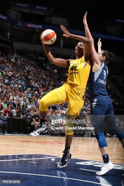 Jantel Lavender of the Los Angeles Sparks handles the ball against the Minnesota Lynx on July 5, 2018 at Target Center in Minneapolis, Minnesota....