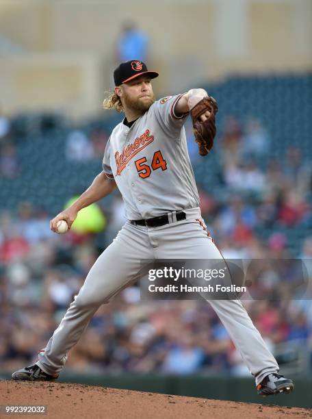 Andrew Cashner of the Baltimore Orioles delivers a pitch against the Minnesota Twins during the first inning of the game on July 5, 2018 at Target...