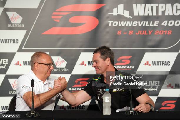 Roland Dane, Triple Eight Race Engineering and Craig Lowndes driver of the Autobarn Lowndes Racing Holden Commodore ZB are pictured during a press...