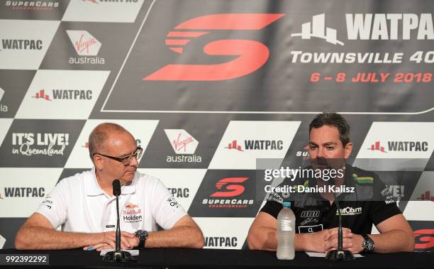 Roland Dane, Triple Eight Race Engineering and Craig Lowndes driver of the Autobarn Lowndes Racing Holden Commodore ZB are pictured during a press...