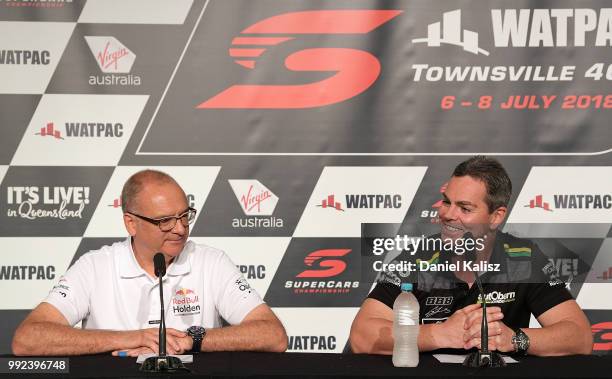 Roland Dane, Triple Eight Race Engineering and Craig Lowndes driver of the Autobarn Lowndes Racing Holden Commodore ZB are pictured during a press...