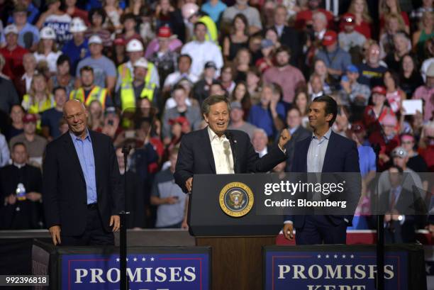 Representative Greg Gianforte, a Republican from Montana, from left, Representative Steve Daines, a Republican from Montana, and Donald Trump Jr....