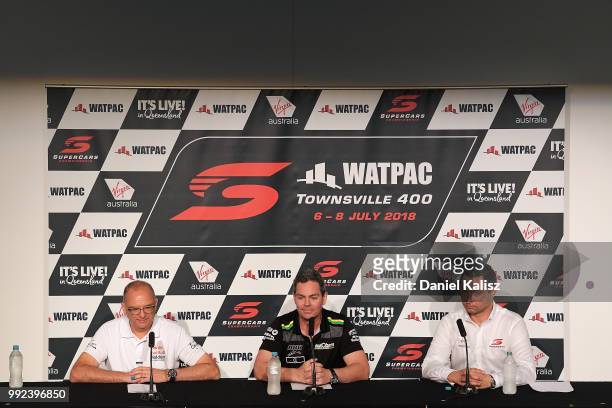 Roland Dane, Triple Eight Race Engineering, Craig Lowndes driver of the Autobarn Lowndes Racing Holden Commodore ZB and Supercars CEO Sean Seamer are...
