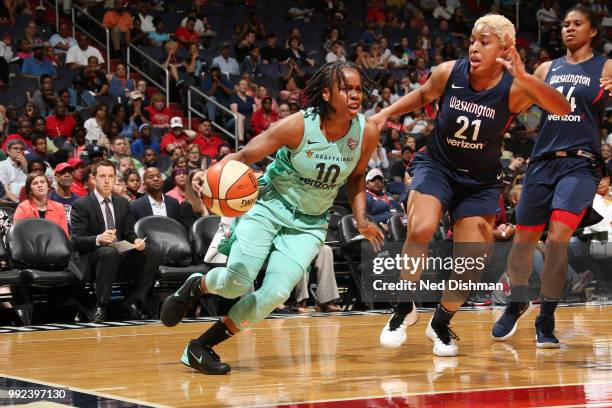 Epiphanny Prince of the New York Liberty handles the ball against the Washington Mystics on July 5, 2018 at the Verizon Center in Washington, DC....