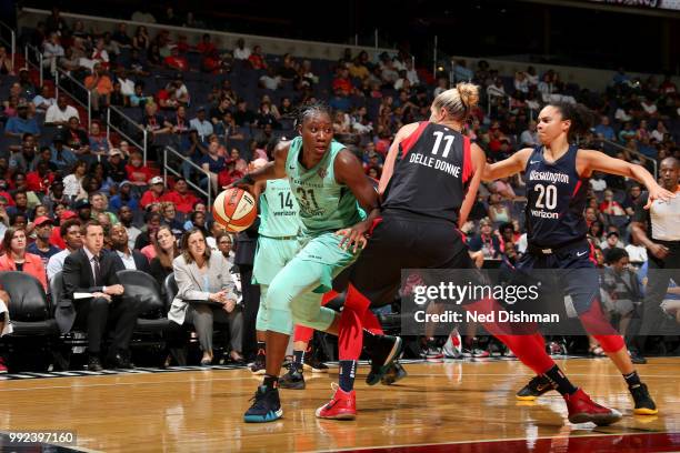 Tina Charles of the New York Liberty handles the ball against the Washington Mystics on July 5, 2018 at the Verizon Center in Washington, DC. NOTE TO...