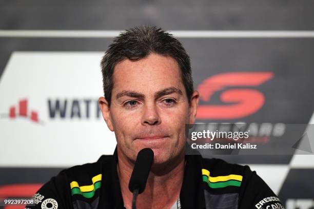 Craig Lowndes driver of the Autobarn Lowndes Racing Holden Commodore ZB is pictured during a press conference held to announce the retirement of...