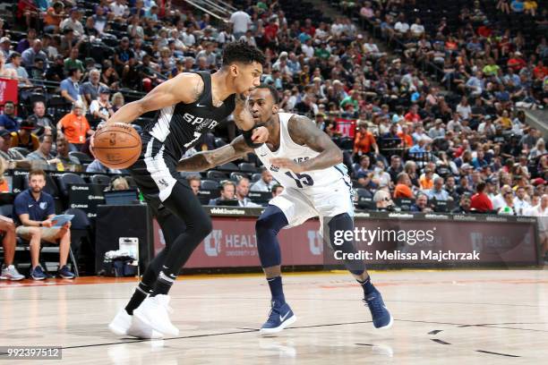 Olivier Hanlan of the San Antonio Spurs handles the ball against the Memphis Grizzlies on July 5, 2018 at Vivint Smart Home Arena in Salt Lake City,...