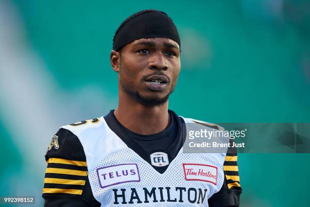 Brandon Banks of the Hamilton Tiger-Cats on the field during pregame warmup before the game between the Hamilton Tiger-Cats and Saskatchewan...
