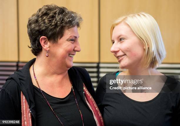 Green Party parliamentarian Imke Byl at a party press conference with her party colleague Anja Piel in Hanover, Germany, 17 October 2017. The state...