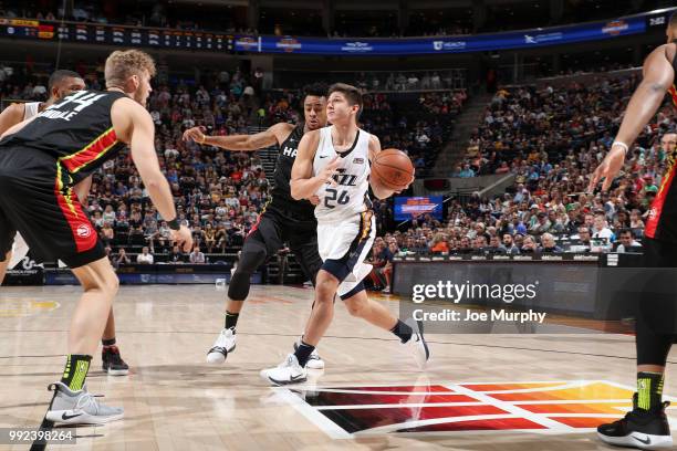 Grayson Allen of the Utah Jazz handles the ball against the Atlanta Hawks on July 5, 2018 at Vivint Smart Home Arena in Salt Lake City, Utah. NOTE TO...