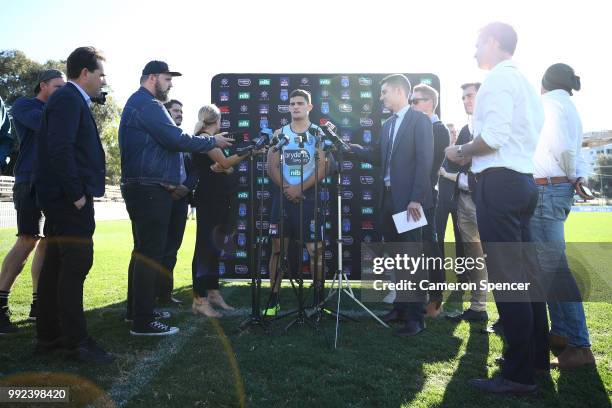 Nathan Cleary of the Blues is interviewed during a New South Wales Blues State of Origin training session at Coogee Oval on July 6, 2018 in Sydney,...