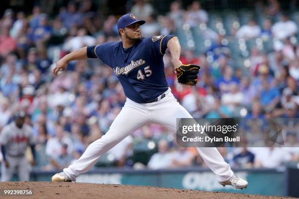 Jhoulys Chacin of the Milwaukee Brewers pitches in the first inning against the Atlanta Braves at Miller Park on July 5, 2018 in Milwaukee, Wisconsin.