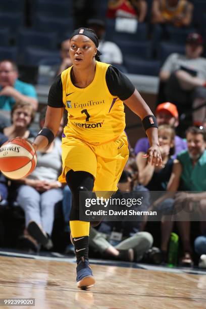 Odyssey Sims of the Los Angeles Sparks handles the ball against the Minnesota Lynx on July 5, 2018 at Target Center in Minneapolis, Minnesota. NOTE...