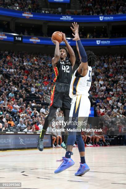 Alpha Kaba of the Atlanta Hawks shoots the ball against the Utah Jazz on July 5, 2018 at Vivint Smart Home Arena in Salt Lake City, Utah. NOTE TO...