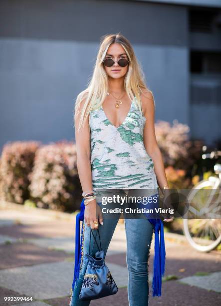 Nina Suess is seen outside Dawid Tomaszewski during the Berlin Fashion Week July 2018 on July 5, 2018 in Berlin, Germany.