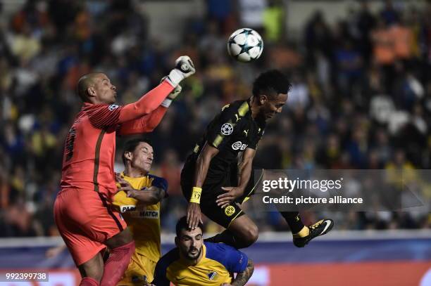 Nicosia's goalkeeper Boy Waterman clears the ball during the UEFA Champions League Group H football match against Borussia Dortmund at the GSP...