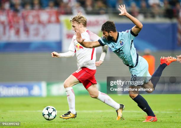 Leipzig's Emil Forsberg heads goalwards during the Champions League group stages qualification match between RB Leipzig and FC Porto in the Red Bull...