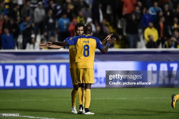 Nicosia's Mickael Pote celebrates his 1-0 goal during the Champions League group stages qualification match between APOEL Nicosia and Borussia...