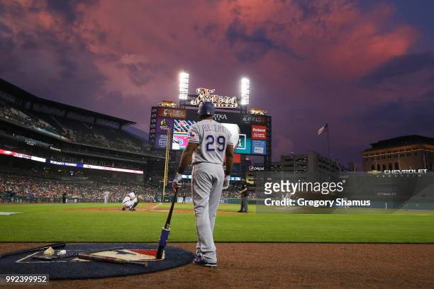 Adrian Beltre of the Texas Rangers waits to bat in the fifth inning while playing the Detroit Tigers at Comerica Park on July 5, 2018 in Detroit,...