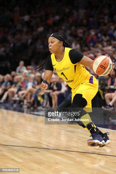 Odyssey Sims of the Los Angeles Sparks handles the ball against the Minnesota Lynx on July 5, 2018 at Target Center in Minneapolis, Minnesota. NOTE...