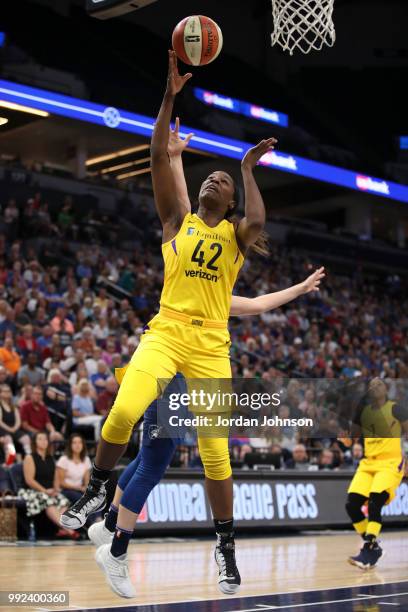 Jantel Lavender of the Los Angeles Sparks shoots the ball against the Minnesota Lynx on July 5, 2018 at Target Center in Minneapolis, Minnesota. NOTE...