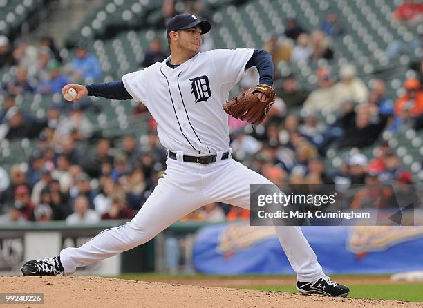 Rick Porcello of the Detroit Tigers pitches during the first game of a double header against the New York Yankees at Comerica Park on May 12, 2010 in...