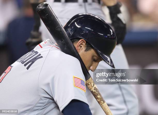 Mikie Mahtook of the Detroit Tigers waits to bat in the on-deck circle during MLB game action against the Toronto Blue Jays at Rogers Centre on July...