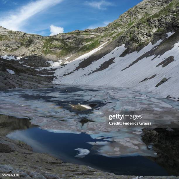 square crop view of partly frozen surface of alpine lake in bognanco valley - alpes lepontine - fotografias e filmes do acervo