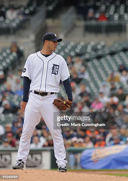 Rick Porcello of the Detroit Tigers pitches during the first game of a double header against the New York Yankees at Comerica Park on May 12, 2010 in...