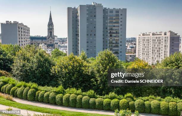 france, paris 20th district, parc de belleville and view on the city - playpen stock pictures, royalty-free photos & images