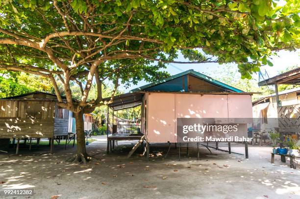 sabah, malaysia - august 16, 2016 : a view of poor wooden house and people at mabul island, sabah ma - mabul island fotografías e imágenes de stock