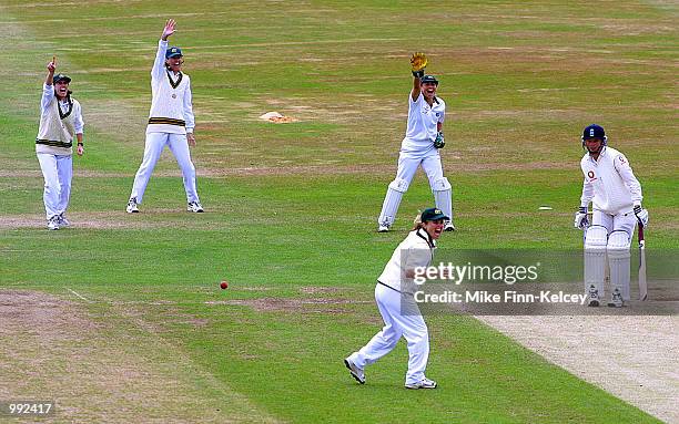 Caroline Atkins of England is trapped lbw by Charmaine Mason of Australia on the third day of the CricInfo Women's Test at Headingley, Leeds. DIGITAL...