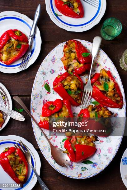 stuffed pepperoncini with a mozzarella, a pancetta and bread. italian appetizer. top view. selective - pancetta stock pictures, royalty-free photos & images