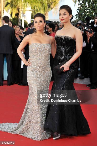 Actresses Eva Longoria Parker and Aishwarya Rai Bachchan attend the Premiere of 'On Tour' at the Palais des Festivals during the 63rd Annual...