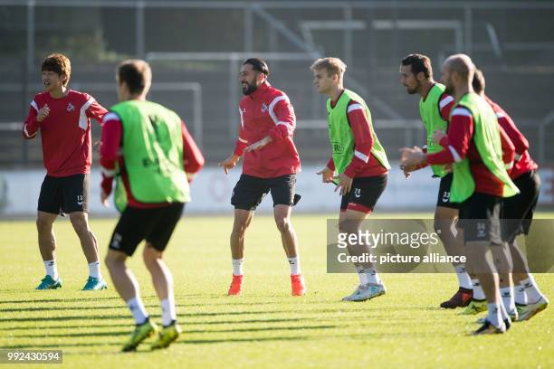 Cologne's Yuya Osako , Dominic Maroh, Tim Handwerker, Claudio Pizarro und Konstantin Rausch in action during the final training in Cologne, Germany,...