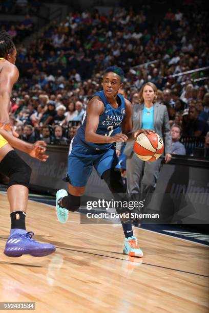 Danielle Robinson of the Minnesota Lynx handles the ball against the Los Angeles Sparks on July 5, 2018 at Target Center in Minneapolis, Minnesota....