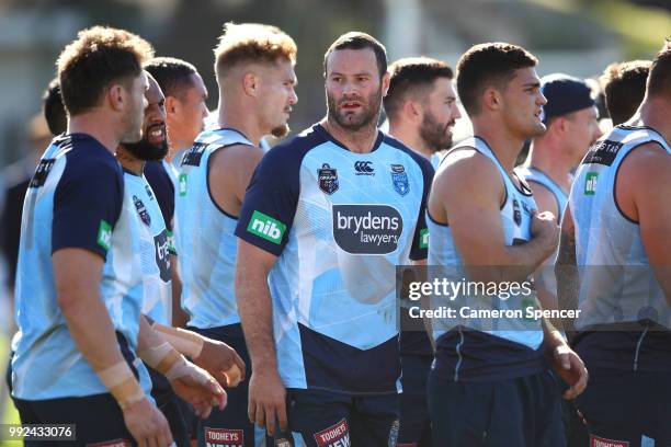 Boyd Cordner of the Blues talks to team mates during a New South Wales Blues State of Origin training session at Coogee Oval on July 6, 2018 in...