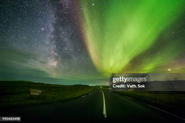 when aurora meets the milky way - sok stock pictures, royalty-free photos & images