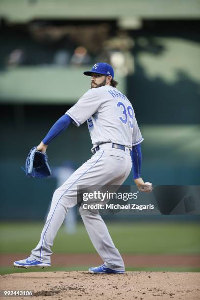 Jason Hammel of the Kansas City Royals pitches during the game against the Oakland Athletics at the Oakland Alameda Coliseum on June 7, 2018 in...