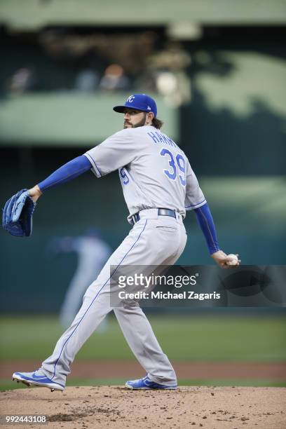 Jason Hammel of the Kansas City Royals pitches during the game against the Oakland Athletics at the Oakland Alameda Coliseum on June 7, 2018 in...