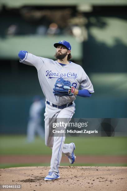 Jason Hammel of the Kansas City Royals pitches during the game against the Oakland Athletics at the Oakland Alameda Coliseum on June 7, 2018 in...