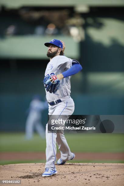 Jason Hammel of the Kansas City Royals pitches during the game against the Oakland Athletics at the Oakland Alameda Coliseum on June 7, 2018 in...