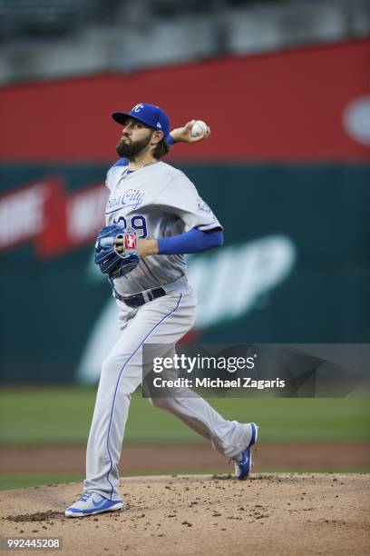 Jason Hammel of the Kansas City Royals pitches during the game against the Oakland Athletics at the Oakland Alameda Coliseum on June 7, 2018 in...