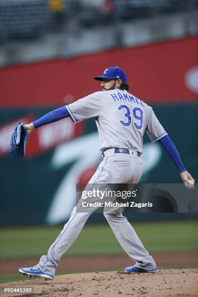 Jason Hammel of the Kansas City Royals pitches during the game against the Oakland Athletics at the Oakland Alameda Coliseum on June 7, 2018 in...