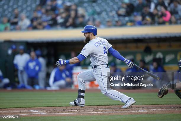 Alex Gordon of the Kansas City Royals bats during the game against the Oakland Athletics at the Oakland Alameda Coliseum on June 7, 2018 in Oakland,...