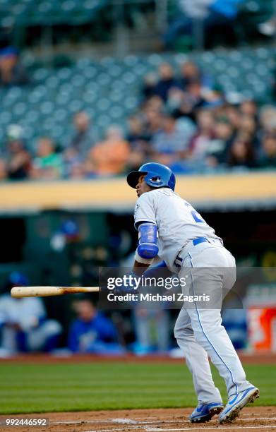 Alcides Escobar of the Kansas City Royals bats during the game against the Oakland Athletics at the Oakland Alameda Coliseum on June 7, 2018 in...