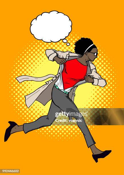 stockillustraties, clipart, cartoons en iconen met retro comic book stijl african american vrouw transformaties in superheld - red shirt