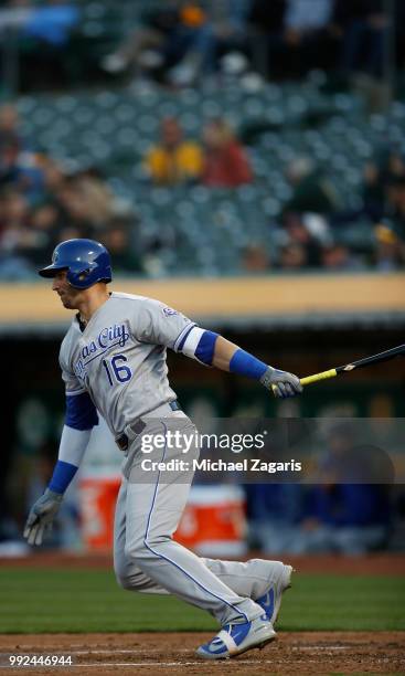 Paulo Orlando of the Kansas City Royals bats during the game against the Oakland Athletics at the Oakland Alameda Coliseum on June 7, 2018 in...