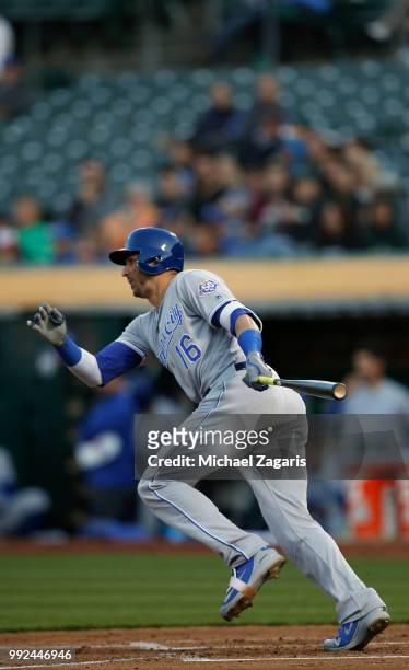 Paulo Orlando of the Kansas City Royals bats during the game against the Oakland Athletics at the Oakland Alameda Coliseum on June 7, 2018 in...